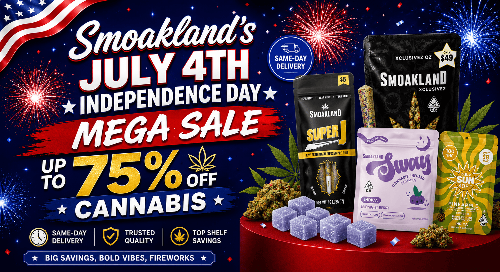 Smoakland's July 4th Independence Day Mega Sale 2026: Up to 75% Off Cannabis With Same-Day Delivery